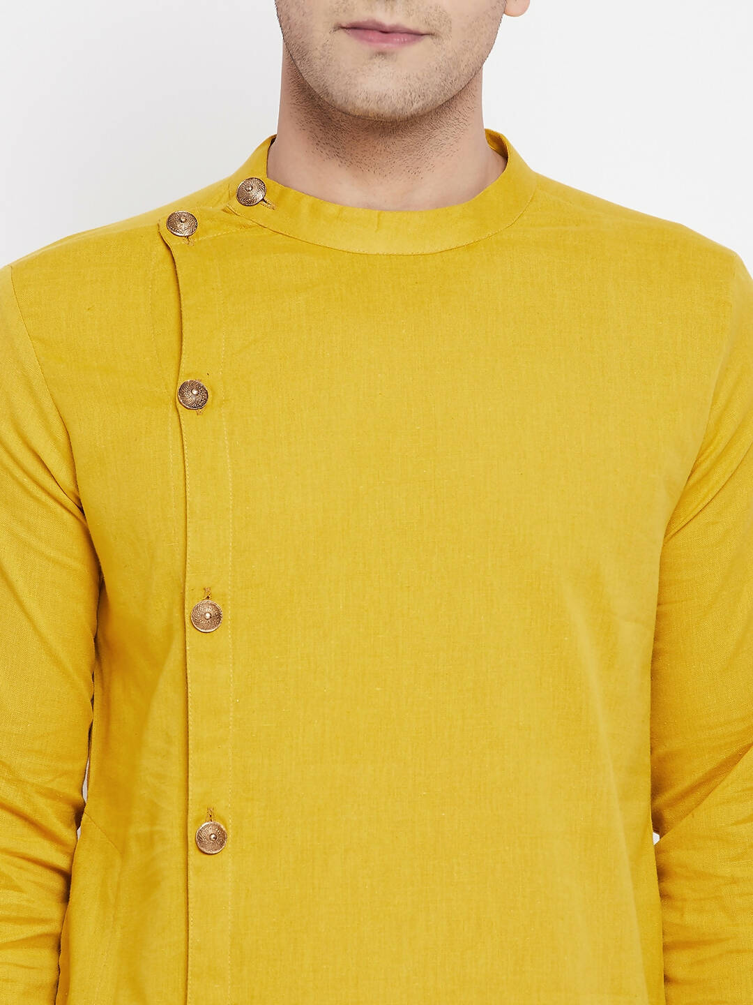 Even Apparels Yellow Pure Cotton Men's Sherwani Kurta With Asymetrical Cut