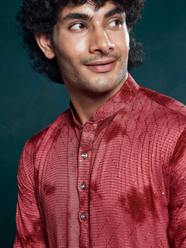 Maroon Viscose Designer Sequance Embroidery Work Men's Kurta Set - Mahotsav
