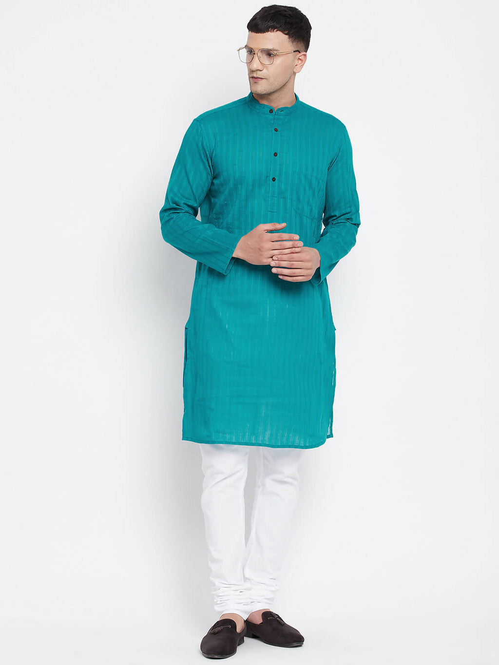 Even Apparels Green Pure Cotton Men's Kurta With Band Collar