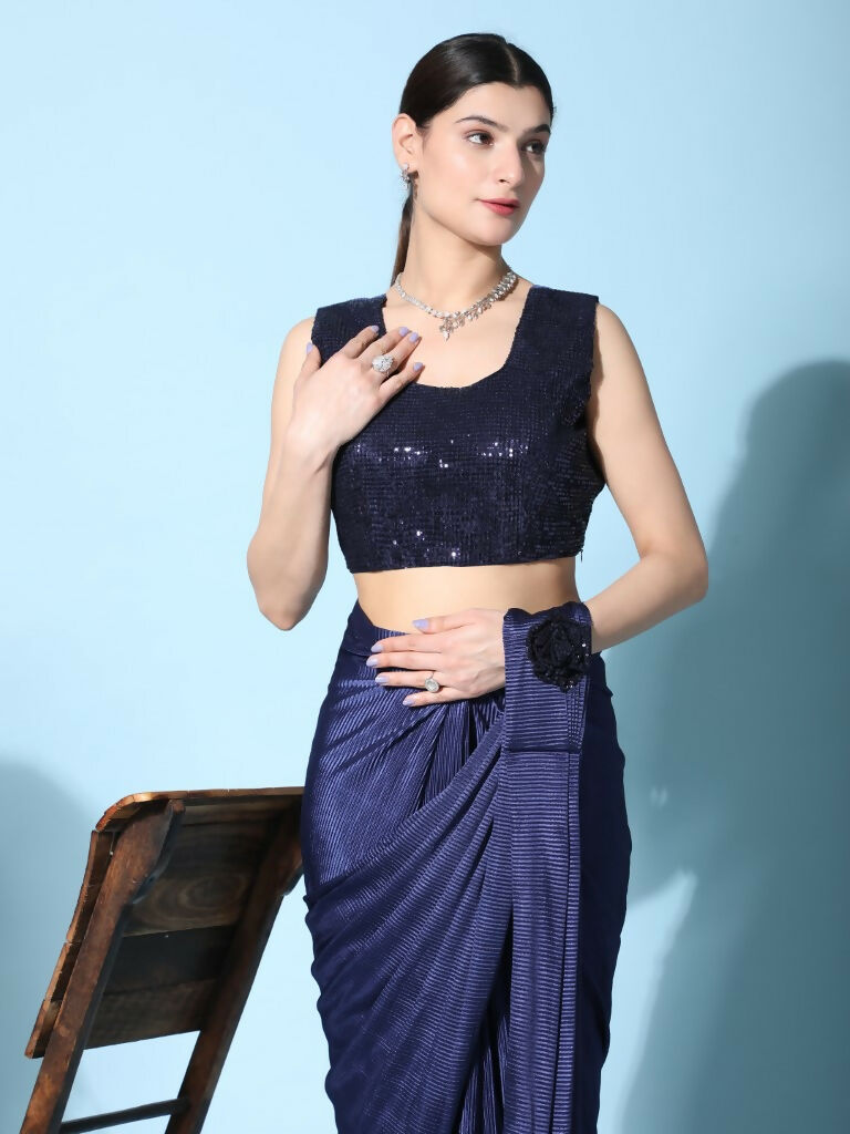 Blue Imported Crush Lycra Texture Pattern Ready to Wear Saree with stitched Blouse - Nirvana