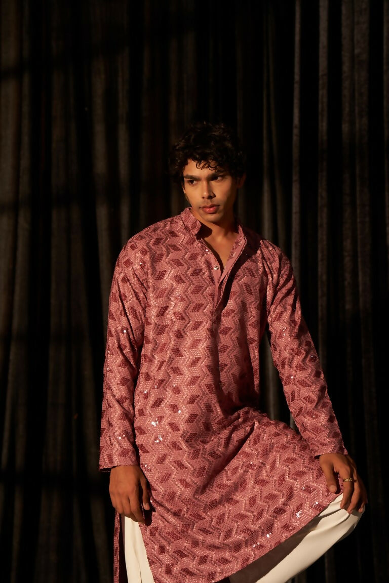 Pink viscose Chikankari Embroidery Work Men's Traditional Kurta Set - Mahotsav