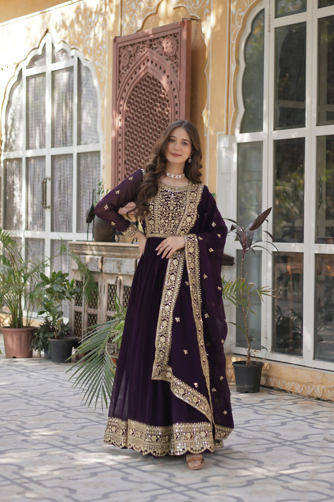 Joban Fashion Wine Georgette Sequence Embroidery Work Kurta Set