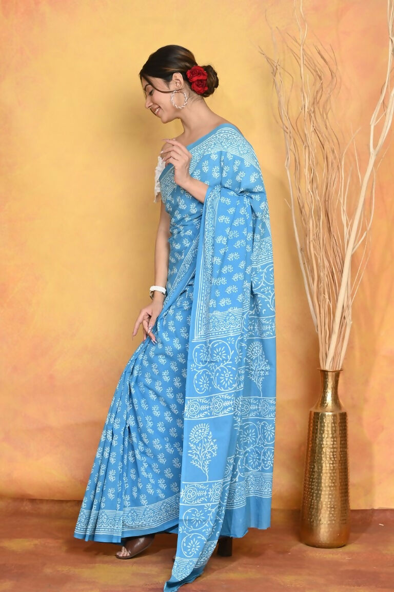 Very Much Indian Handblock Printed Cotton Saree With Natural Dyes - Sky Blue