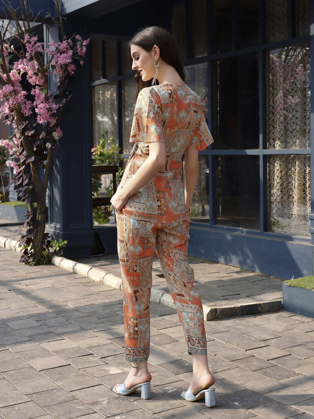 Orange Rayon Paisley Printed Top with Matching Bottom - Eesha