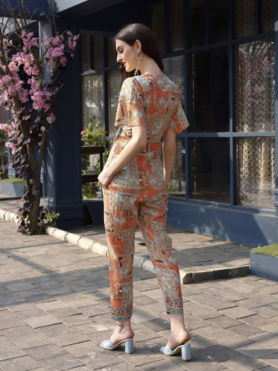 Orange Rayon Paisley Printed Top with Matching Bottom - Eesha