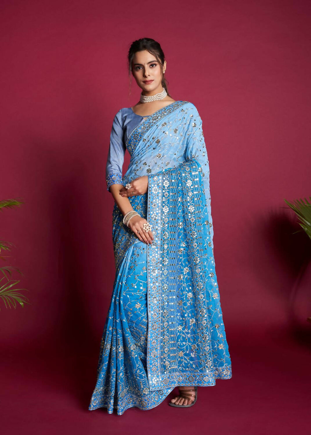 Vamsee Blue & White Georgette Designer Saree