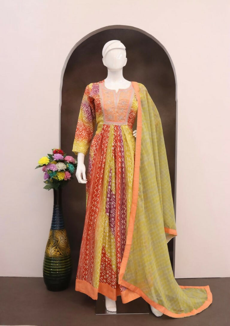 Vastranavya Red Muslin Printed Sequins Beads Work Abaya Style Anarkali Suit