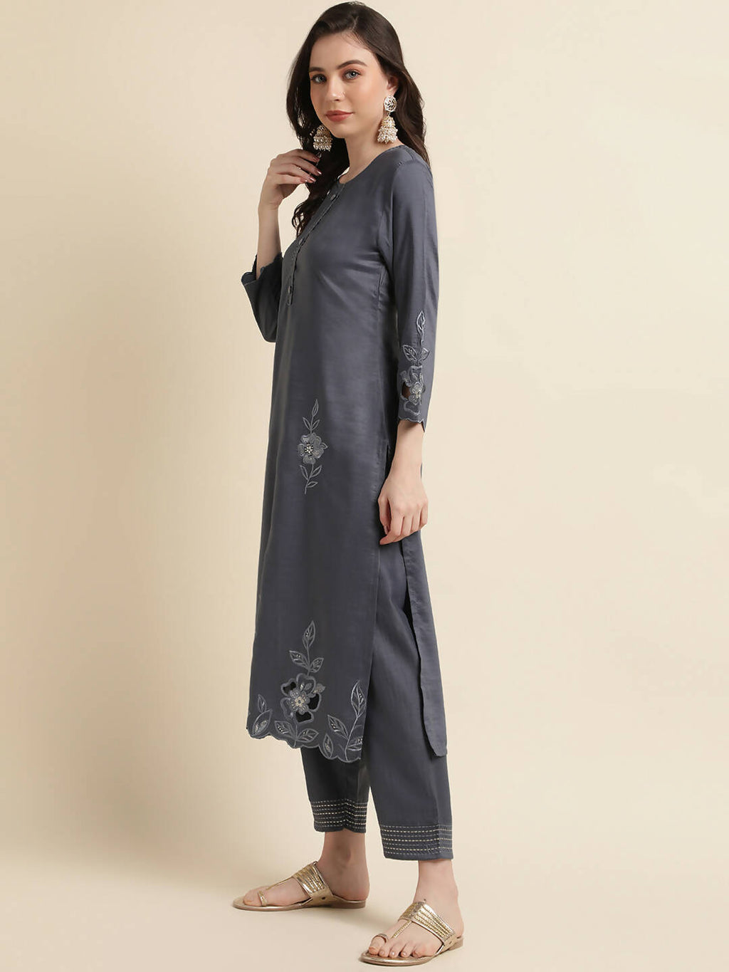 Grey Chinon Silk Embroidered Straight Kurta with Trouser & Dupatta - Salimar