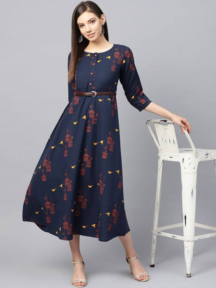 Yufta Women Navy Blue & Orange Quirky Printed Maxi Dress