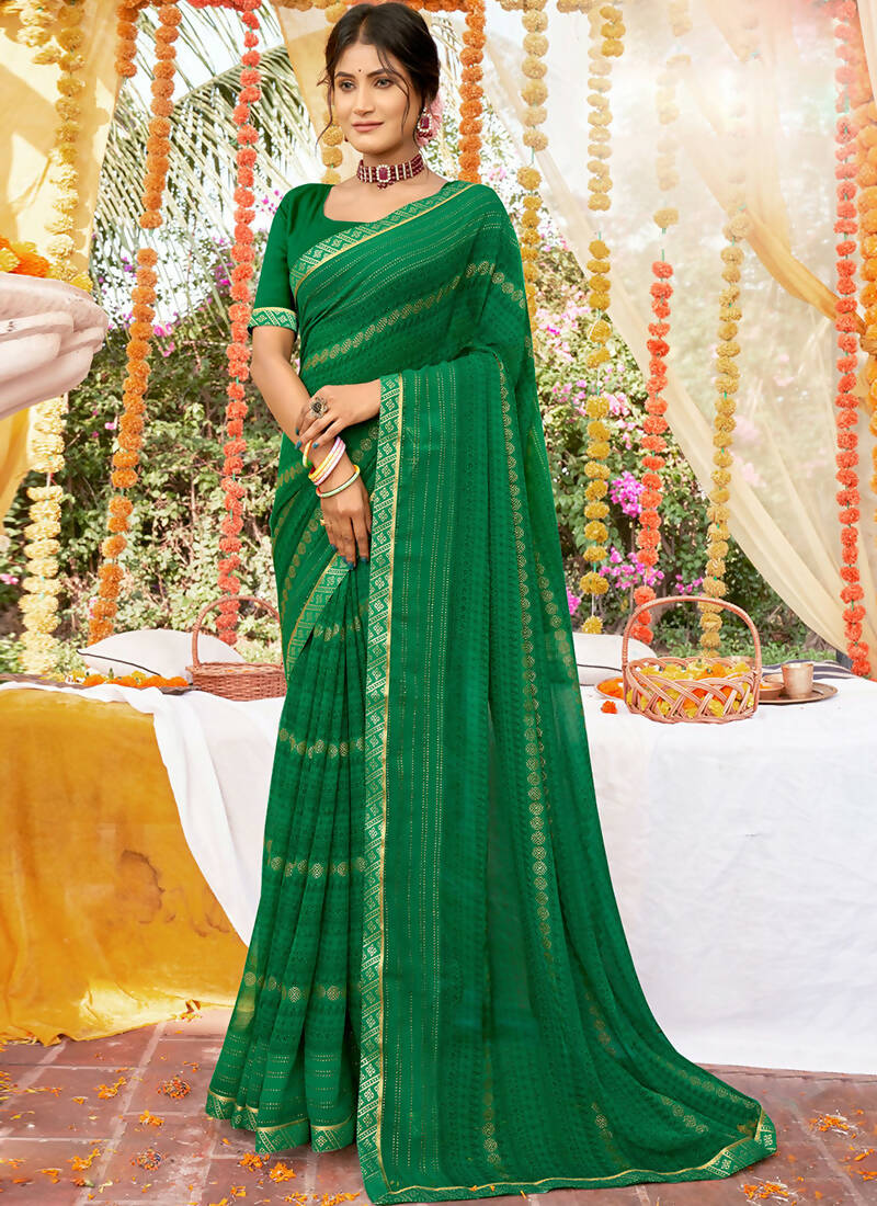 Green Georgette Foil Printed Saree with Unstitched Blouse Piece - Avika