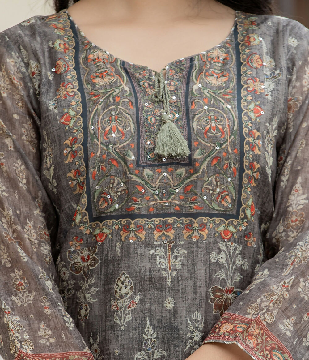 Kaajh Women's Grey-Green Digital Print Chanderi Kurta Pant Set With Dupatta
