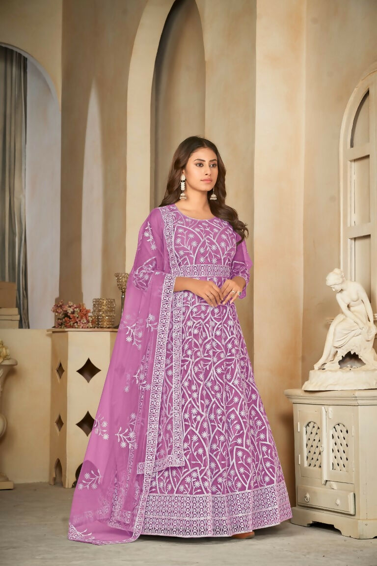Jyoti Fashion Women's Purple Net Embroidered Anarkali Kurta Pant Set With Dupatta