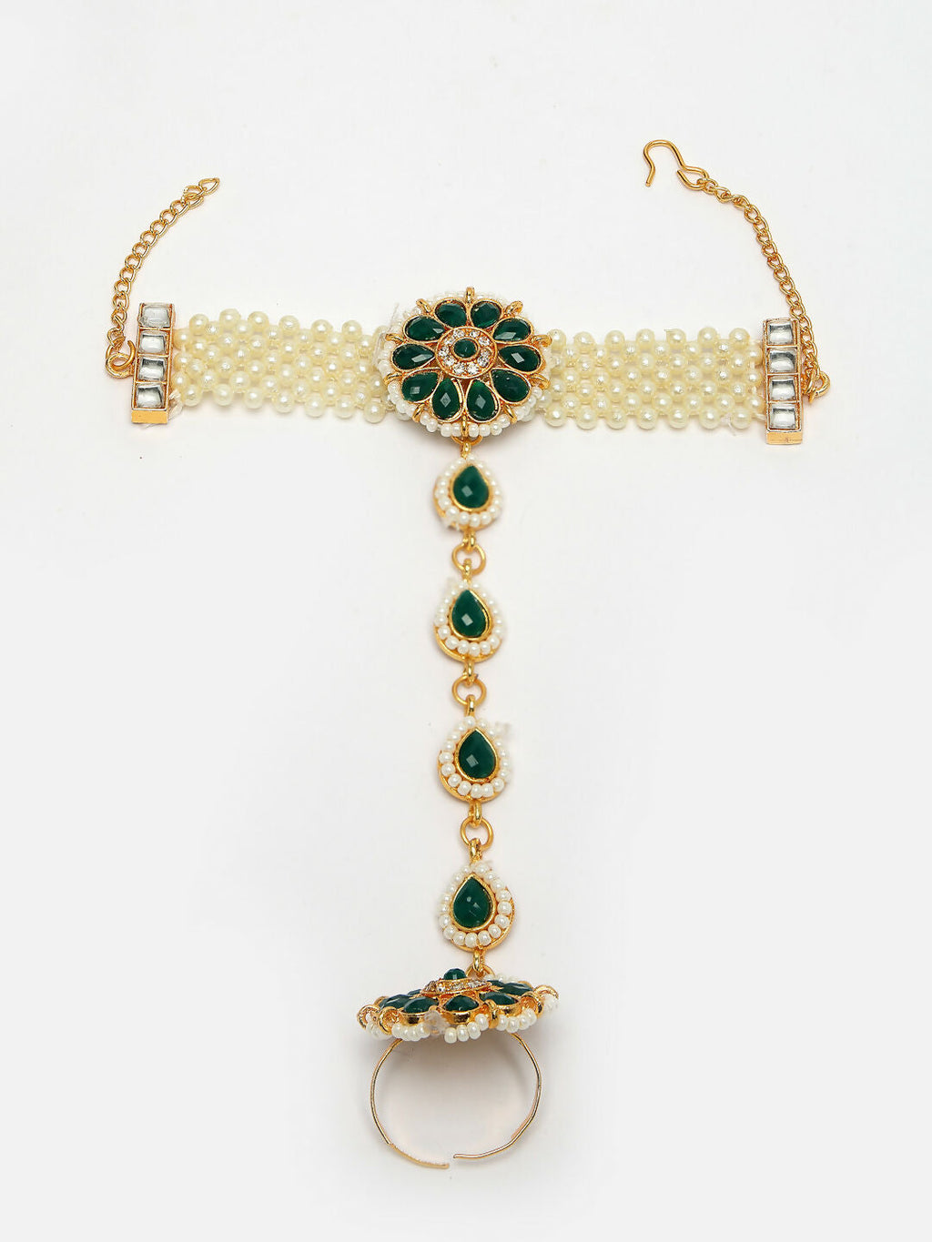 NVR Women's Green Gold-Polished Stone Studded Handcrafted Ring Bracelet