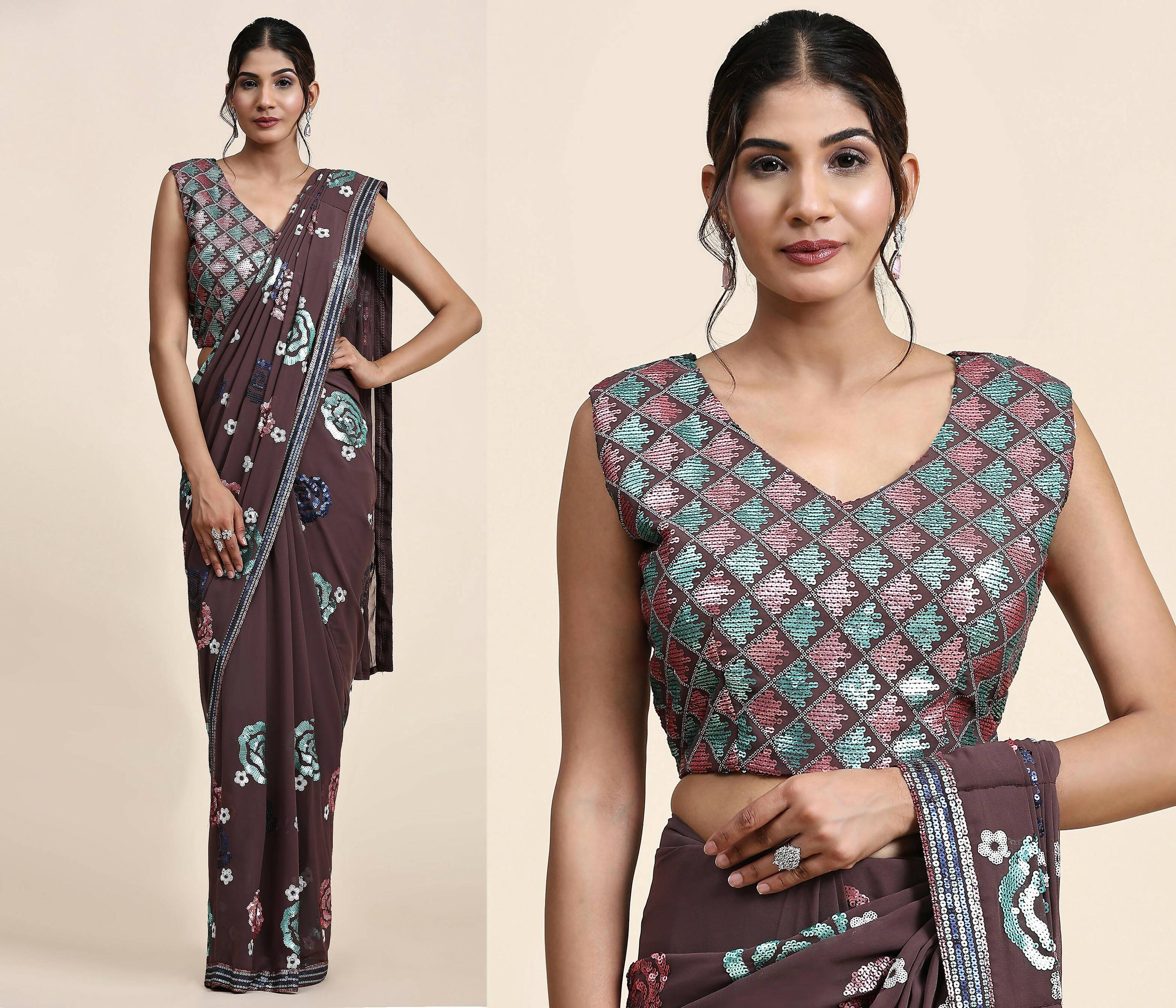 Brown Pure Georgette Sequence work Ready to wear Saree with stitched Blouse - Nirvana