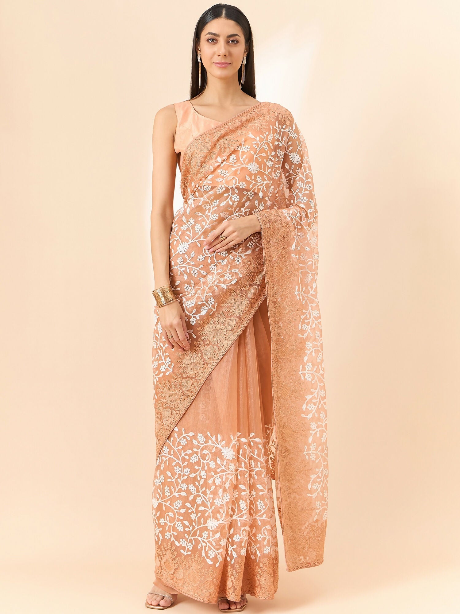 Peach Organza Floral Embroidered Saree with Unstitched Blouse Piece - Roozal