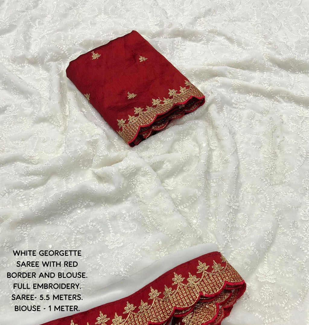 White Pure Georgette Woven Design Saree with Unstitched Blouse - Hiral Fashion