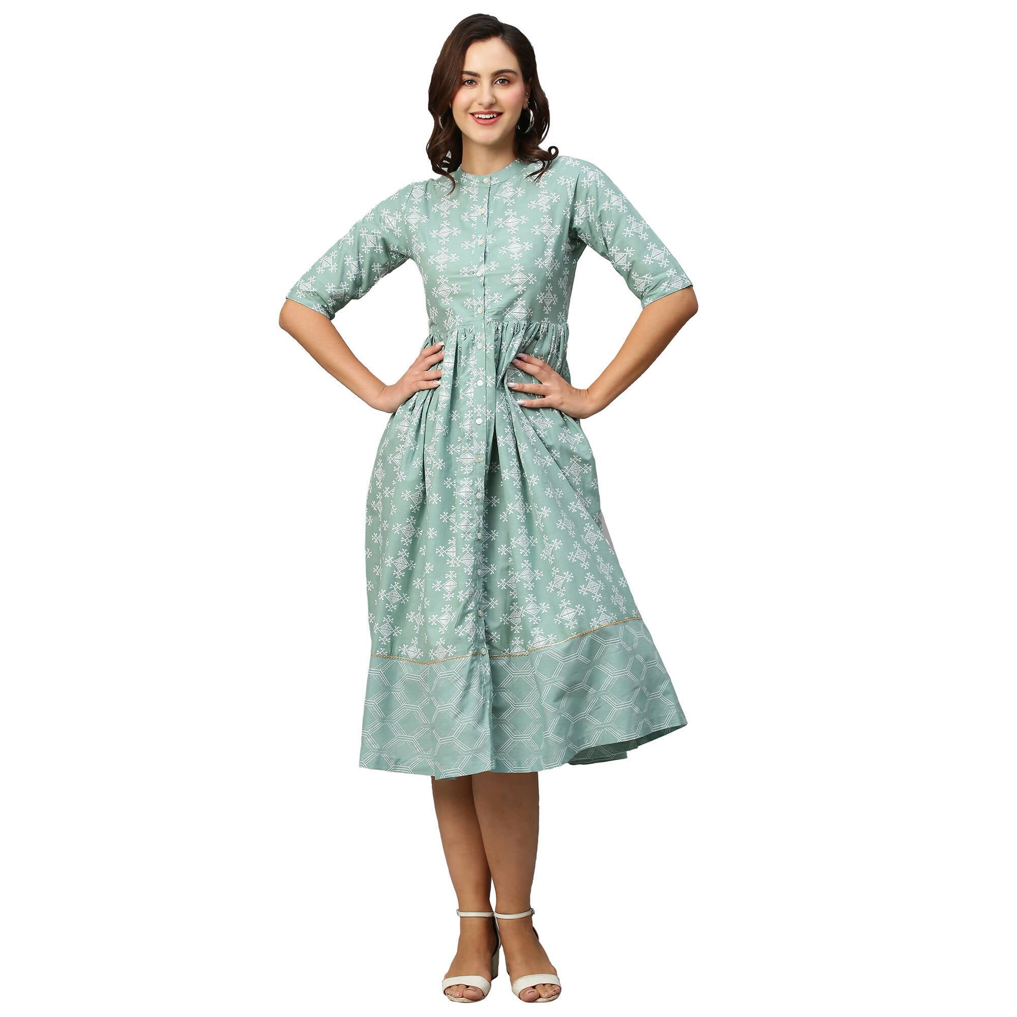 Green & Off-White Ethnic Motifs Printed Cotton A-Line Dress - Poonam