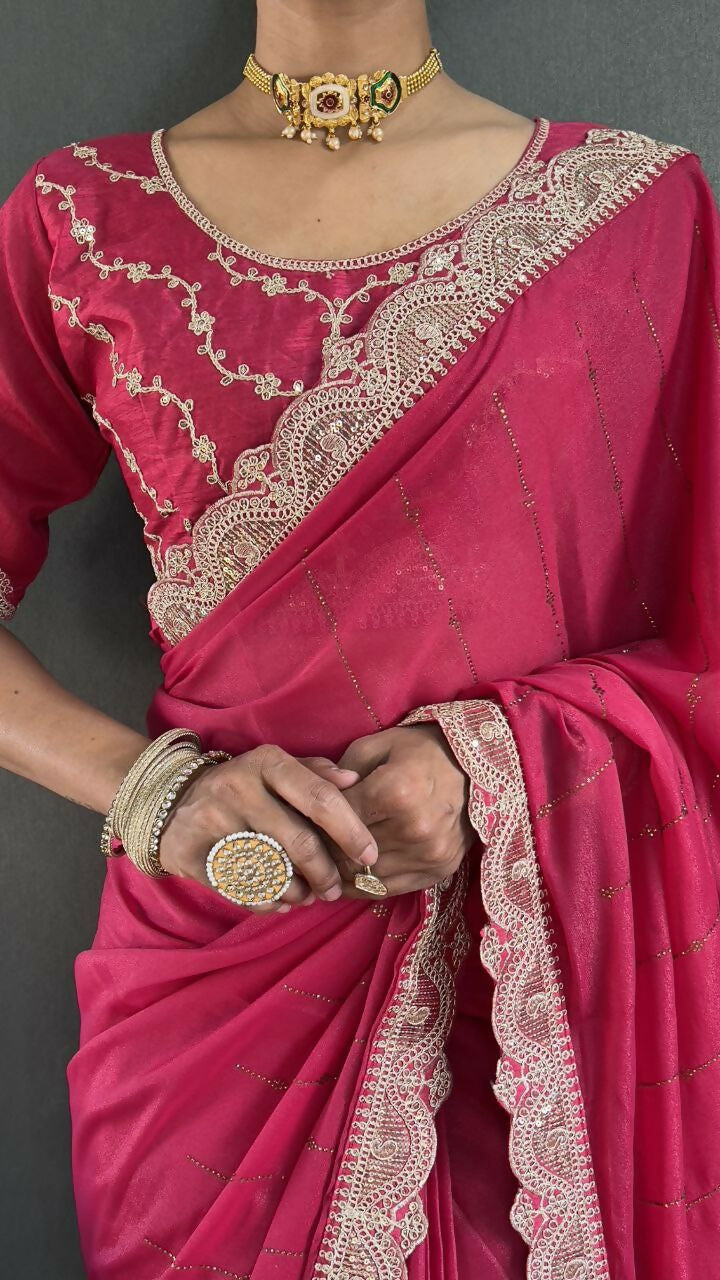 Vastranavya Pink Georgette Silk Swarovski & Heavy Lace Work Ready to Wear Saree