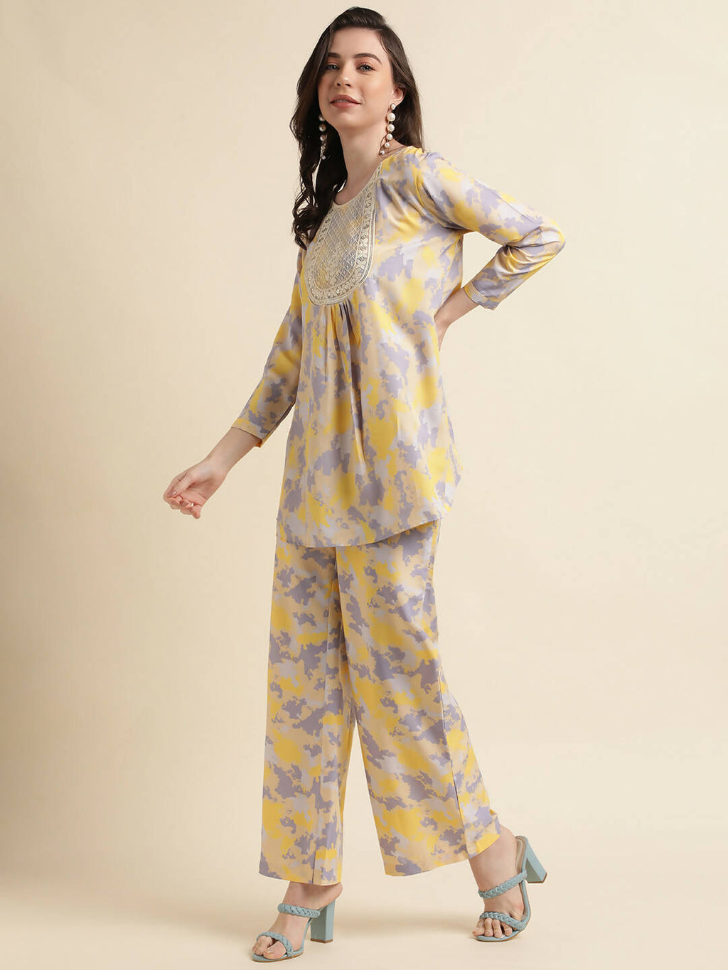 Yellow & Grey Poly Crepe Digital Printed Top with Matching Bottom - Preeti