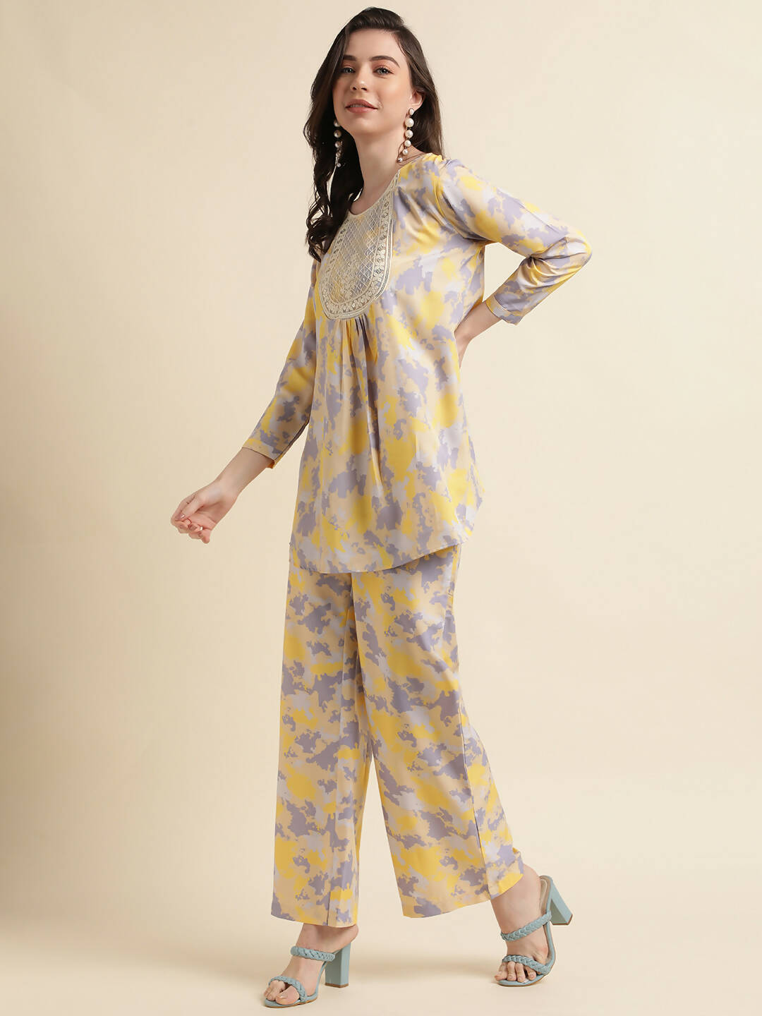 Yellow & Grey Poly Crepe Digital Printed Top with Matching Bottom - Preeti