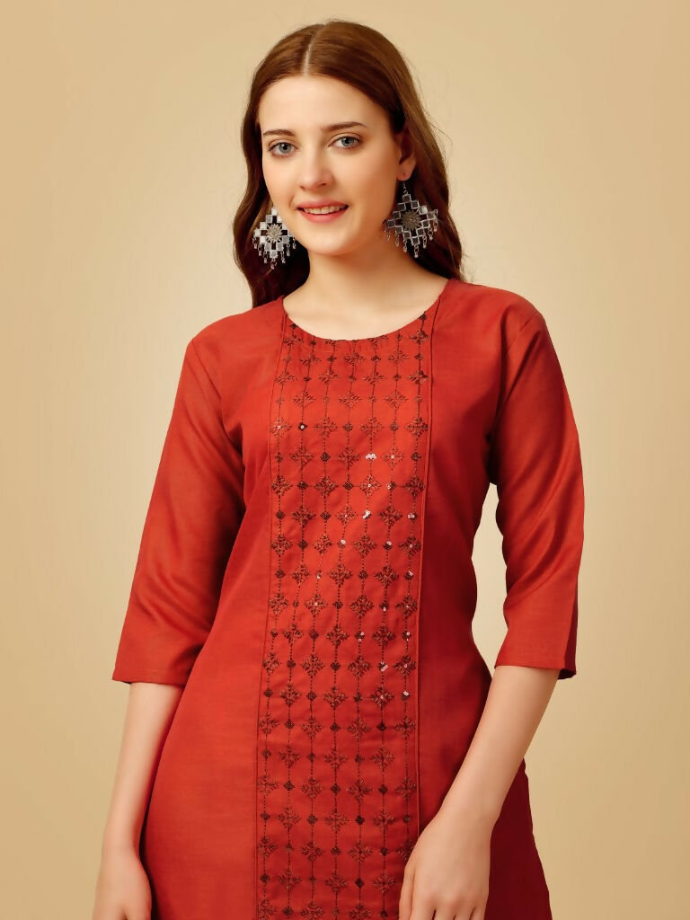 Jyoti Fashion Women's Rust Cotton Blend Embroidered Kurta Pant Set