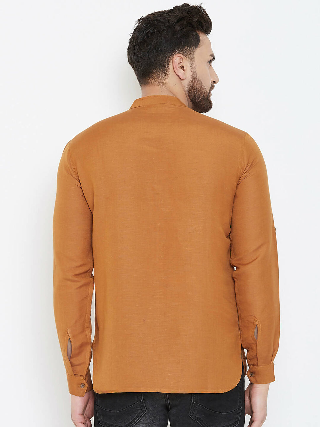 Even Apparels Brown Linen Men's Kurta With Band Collar