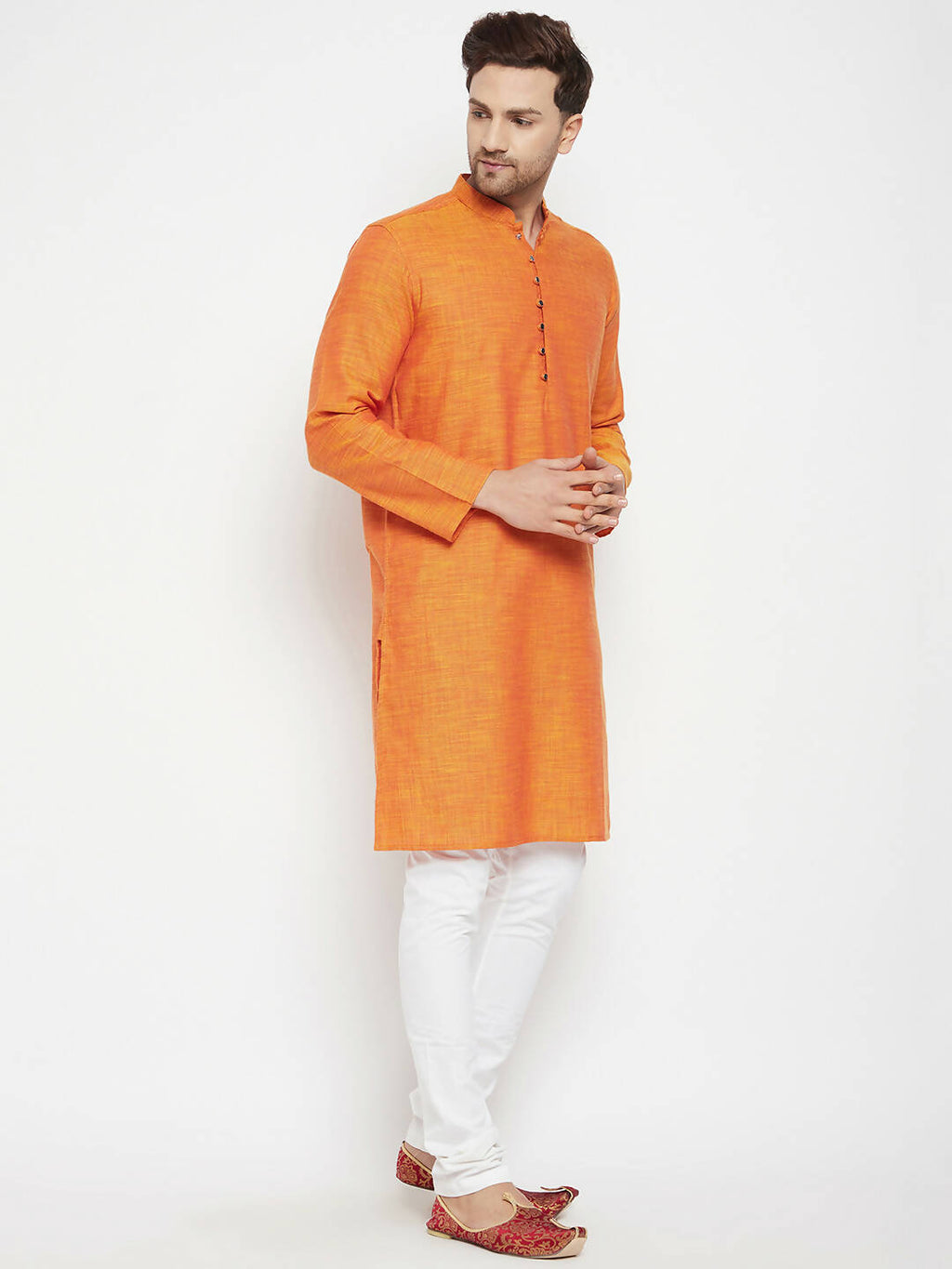 Even Apparels Orange Pure Cotton Long Men's Kurta With Band Collar