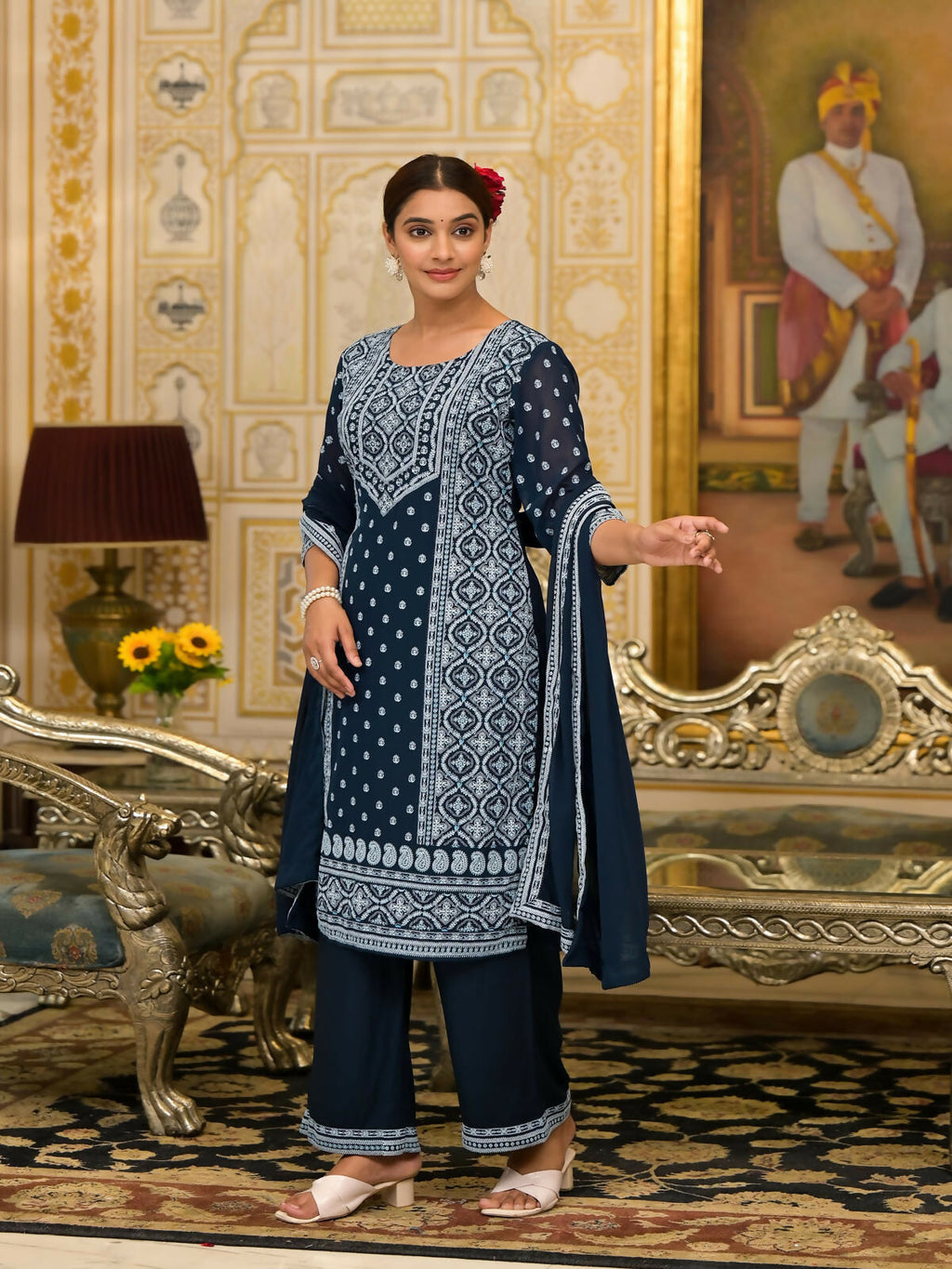 Juniper Women's Navy Ethnic Motif Printed Georgette Kurta Pant And Dupatta Set With Sequins & Beads
