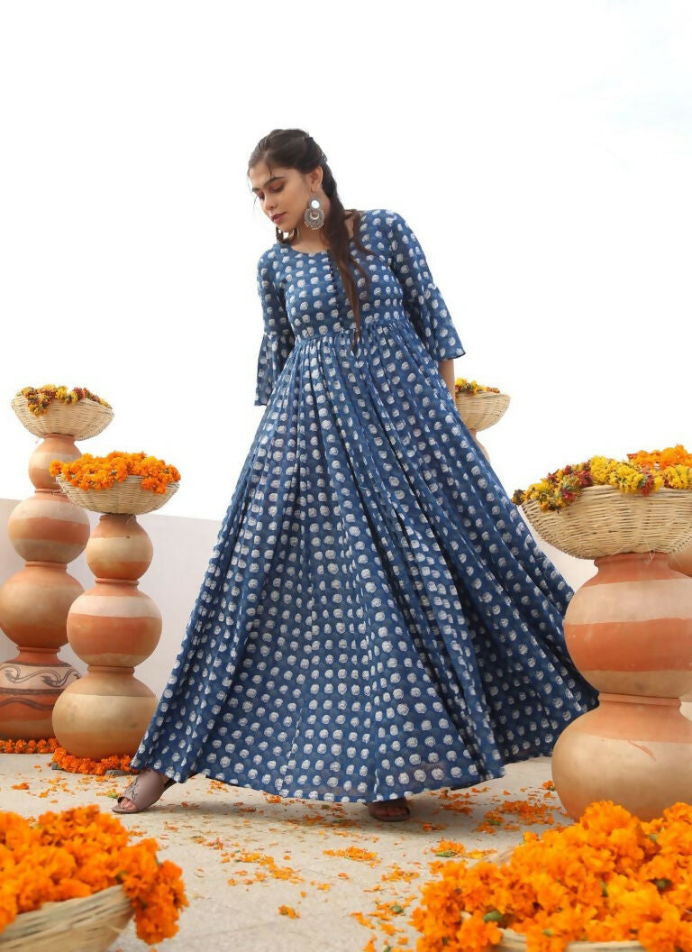 Jyoti Fashion Women's Blue Heavy Digital Printed Cotton Silk Anarkali Dress