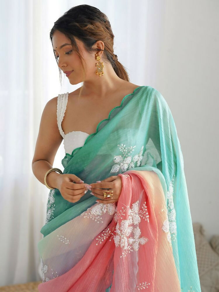 PR Fashion Rama_Peach Gold Crush Embroidery Work Saree