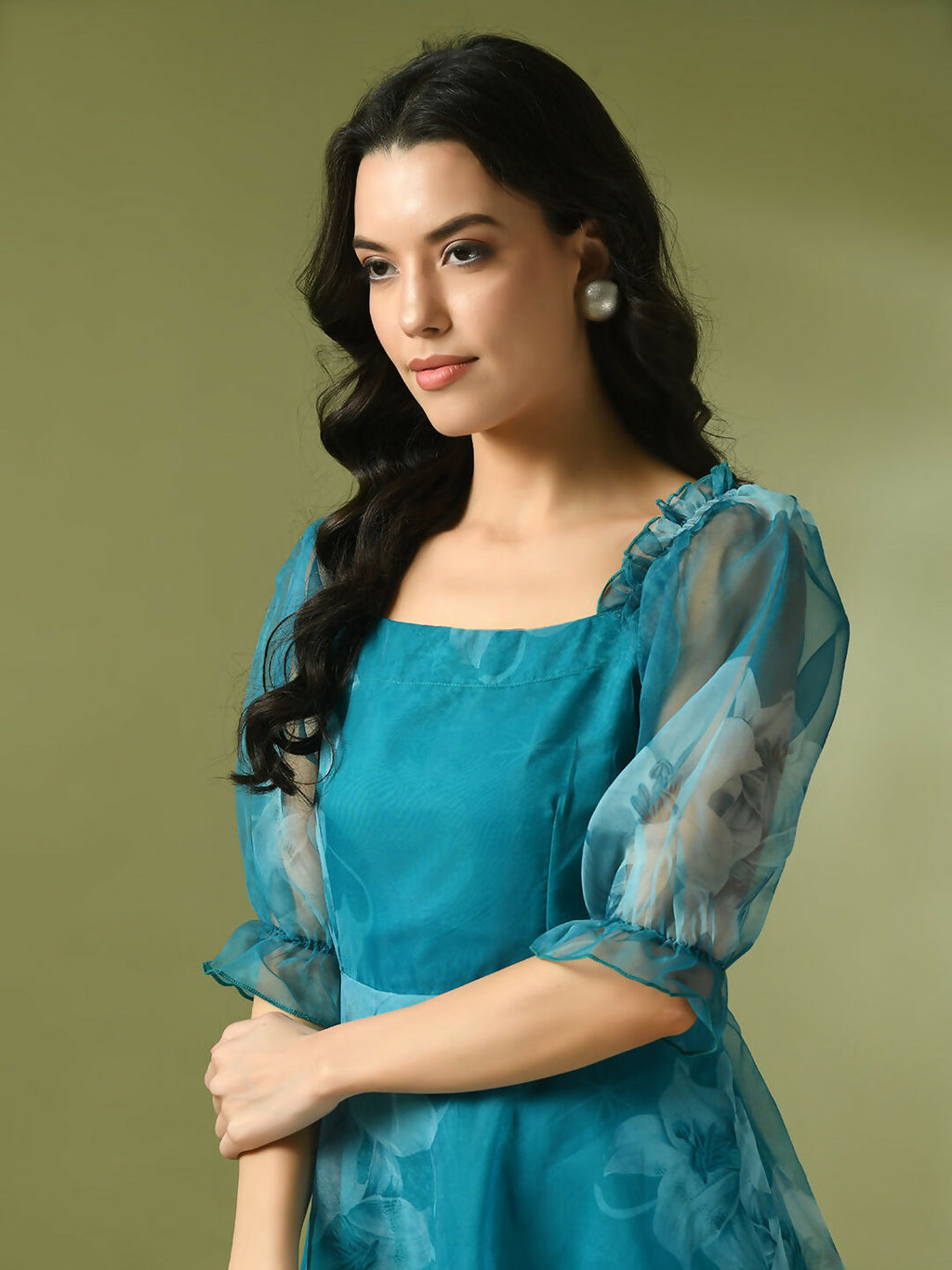 Myshka Women's Teal Printed Square Neck Fit and Flare Party Dress