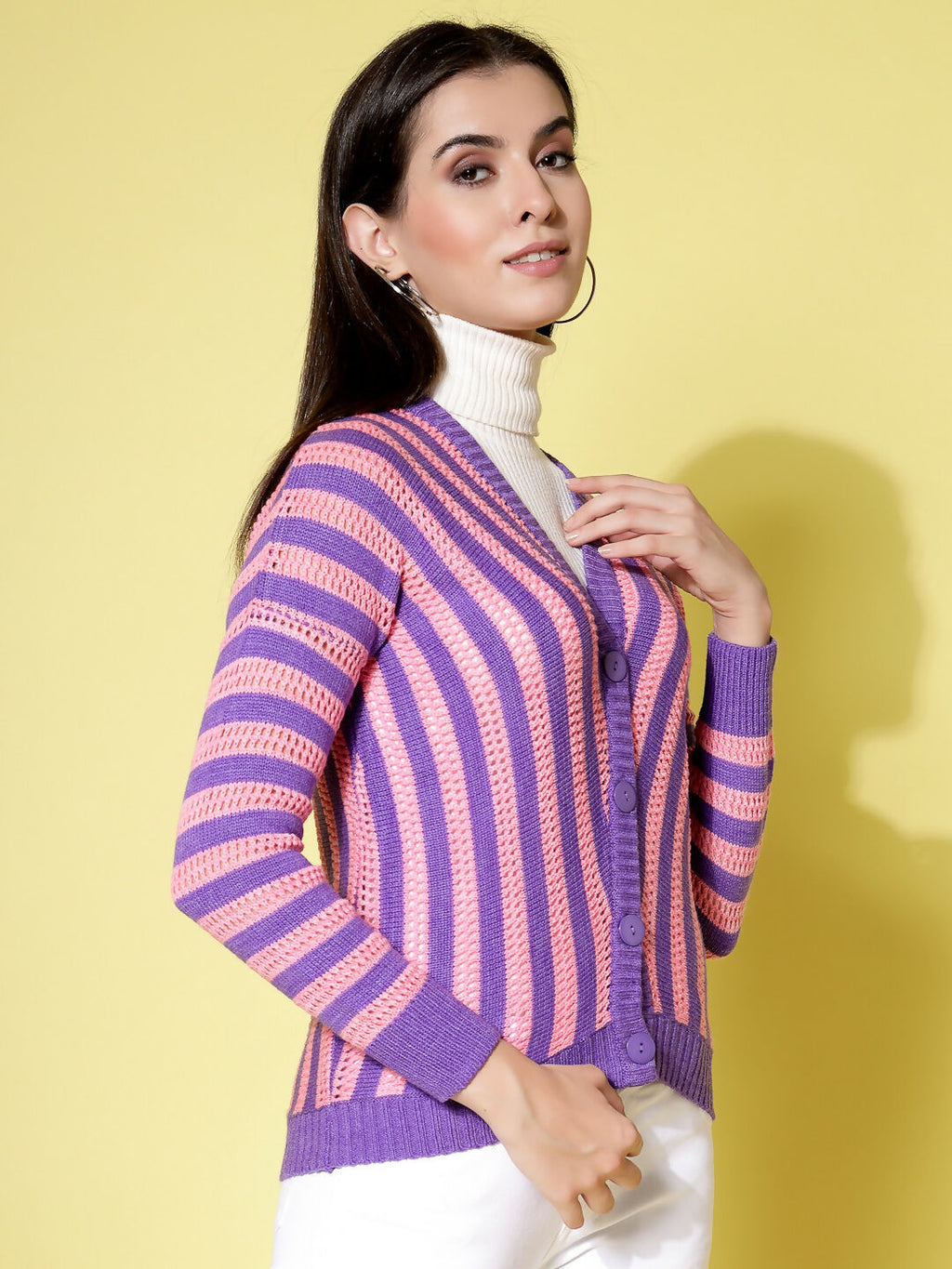 Women Violet Acrylic Stripe Cardigan - Wool Trees