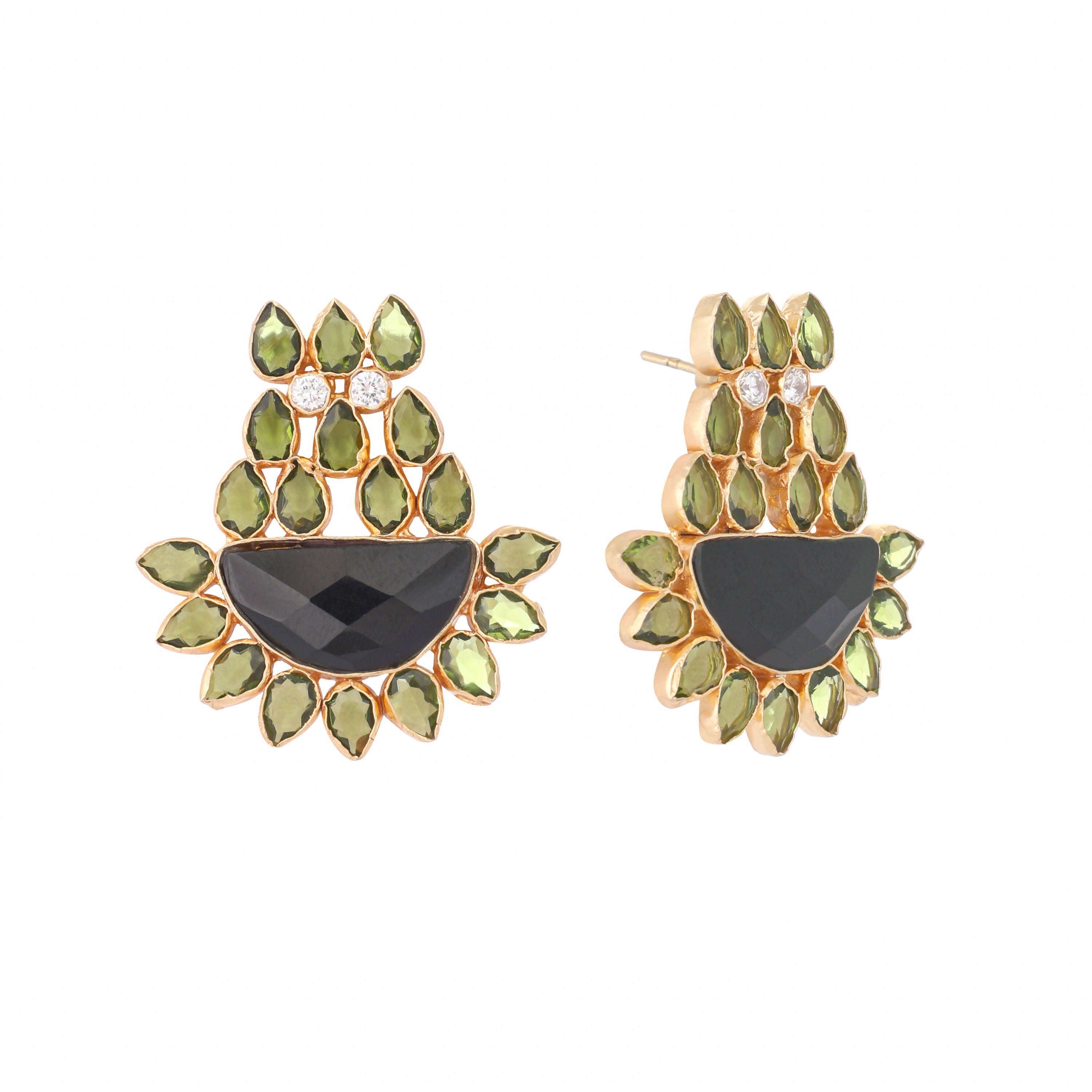 Nuyug 22K Gold Plated Dark Crystal Studded Contemporary Floral Shaped Stud Earrings