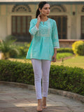Juniper Women's Aqua Cambric Floral Printed Tunic