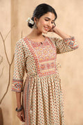 Juniper Women's Beige Rayon Printed Embroidered Straight Kurta