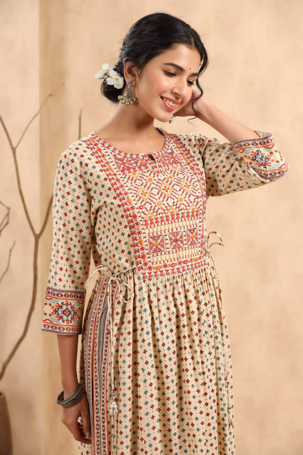 Juniper Women's Beige Rayon Printed Embroidered Straight Kurta