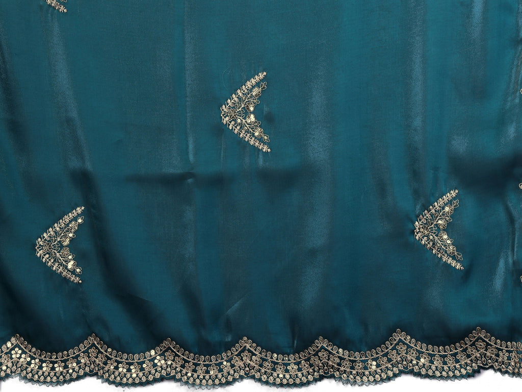 Vastranavya Teal Embroidery Work Shimmer Chiffon Saree with Unstitched Blouse