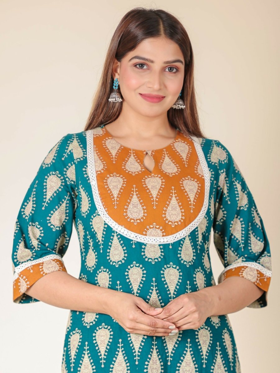 Aramya Turquoise Soft Cotton Floral Straight Kurta for Women