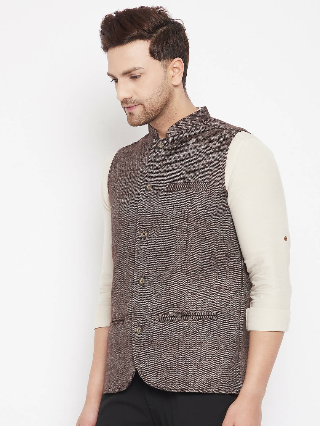 Even Apparels Brown Wool Men Woven Nehru Jacket