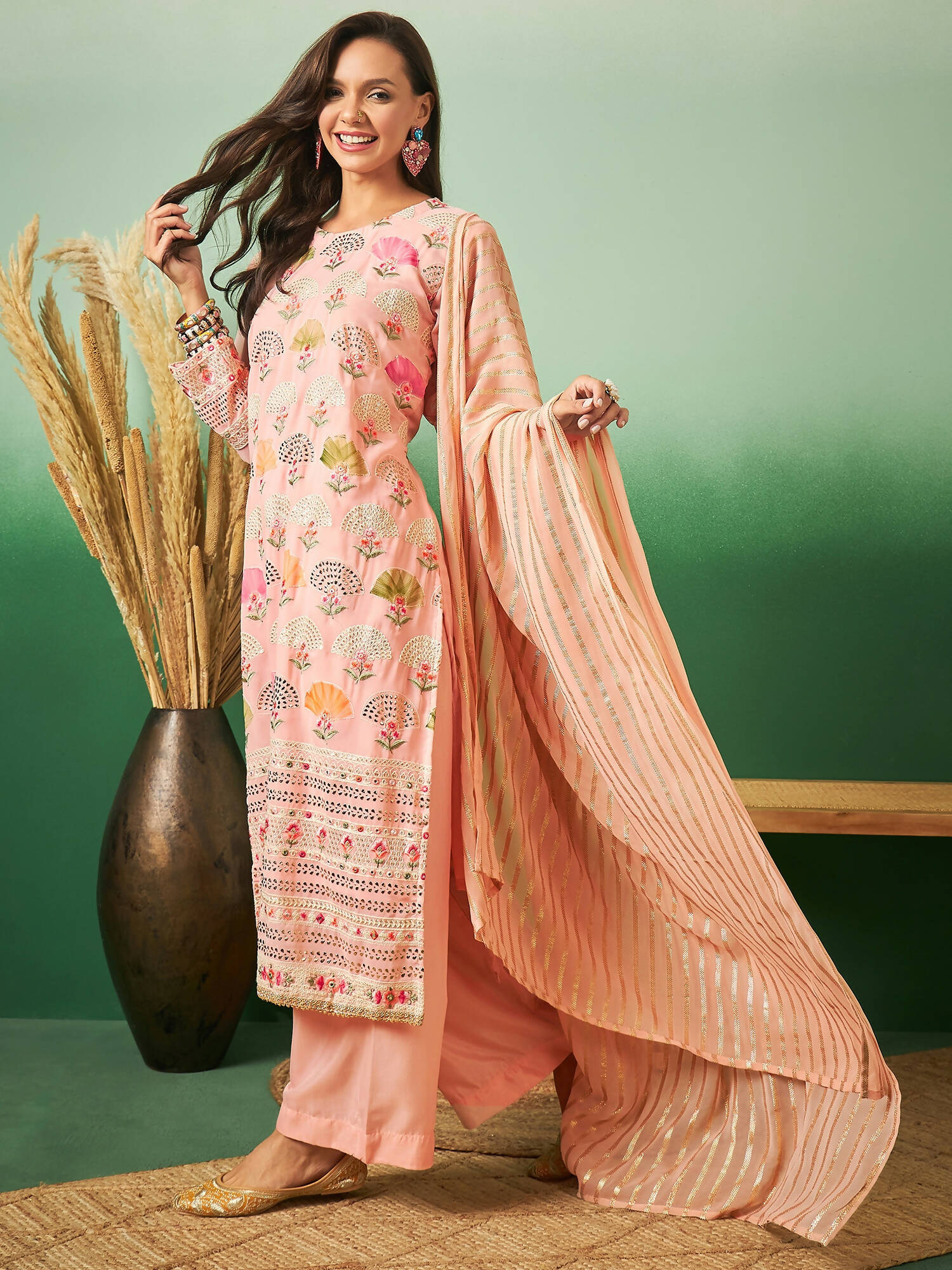 Peach Georgette Handwork Unstitched Dress Material - Hanika