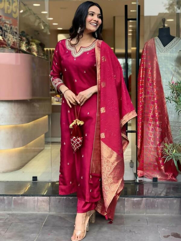 The52 Maroon Beautiful Embroidered Viscose Chanderi Fabric Straight Kurta Pant with Dupatta Set