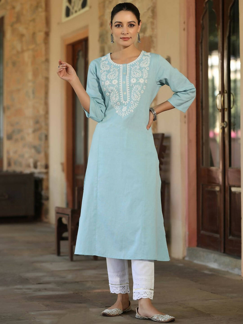Juniper Women's Blue Cotton Flex Embroidered Straight Kurta