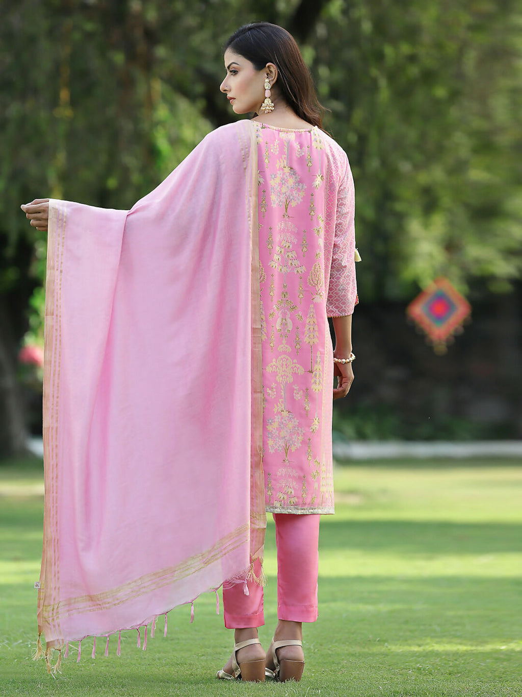 Juniper Pink Ethnic Motif Printed Georgette Kurta Pants & Dupatta Set With Tassels & Lace
