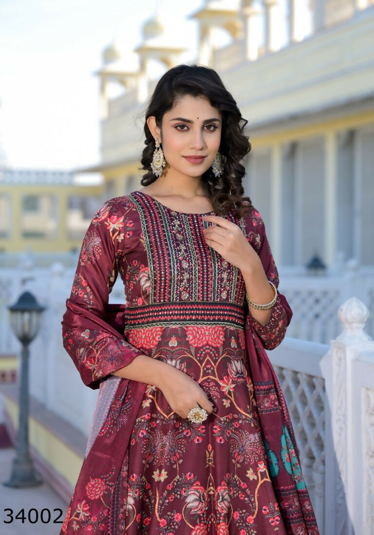 Partywear Designer Maroon Dola Silk Anarkali suit with Dupatta - Suzen