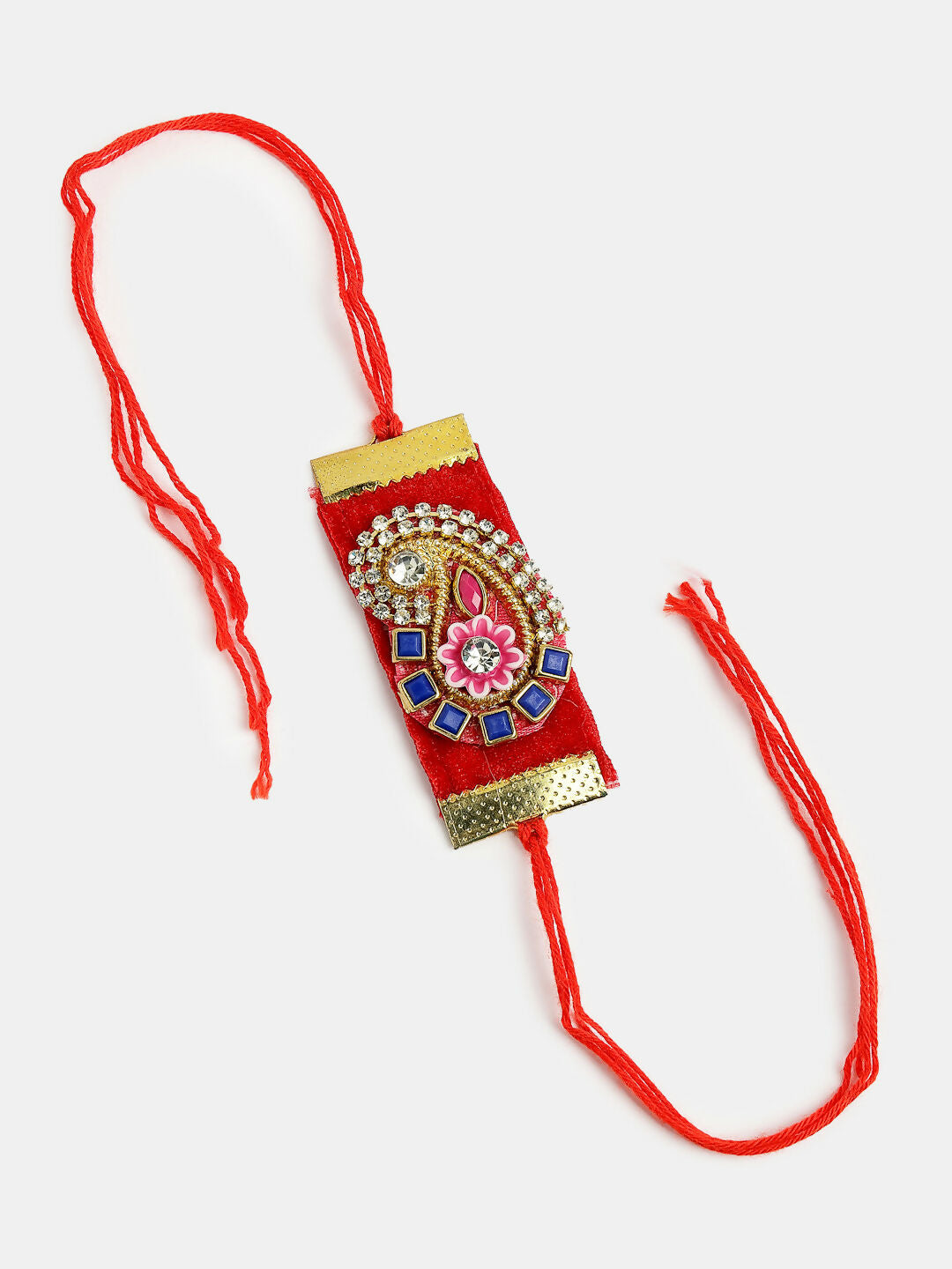 NVR Men Red Stone-Studded Rakhi With Roli Chawal & Chocolate