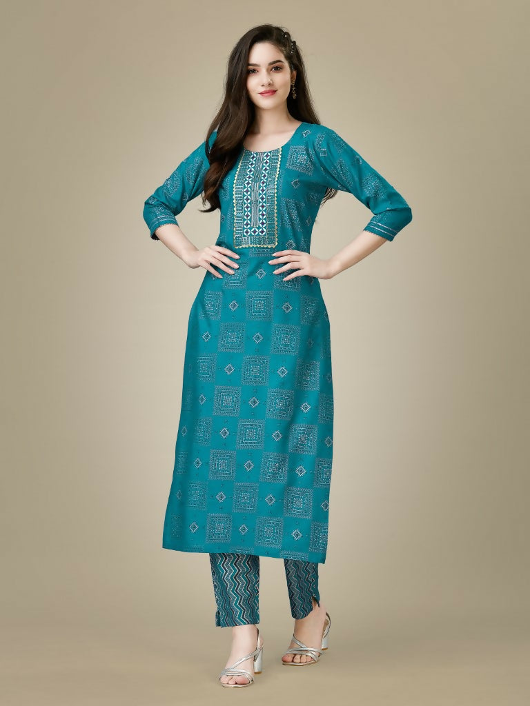 Jyoti Fashion Women's Rama Rayon Embroidered Kurta Pant Set
