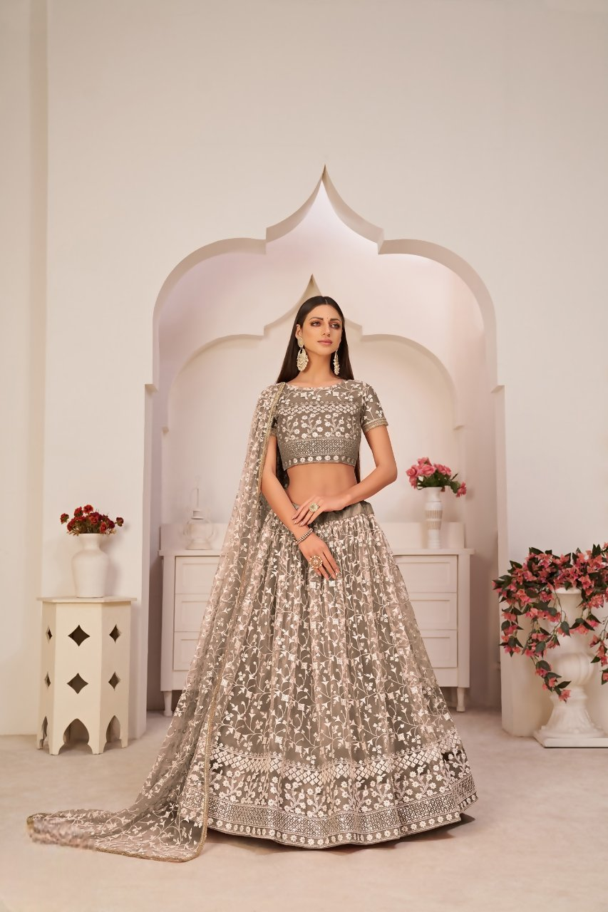 Eilara Chocolate Brown Net White Thread Zari Sequence Embroidered Work Lehenga Choli
