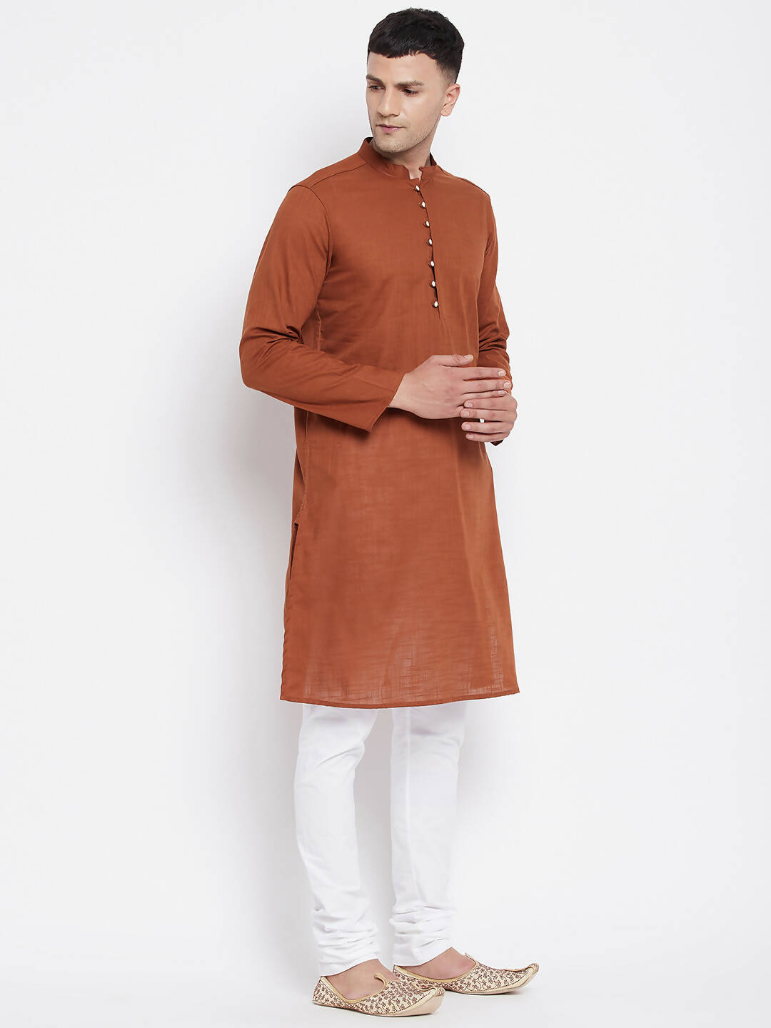 Even Apparels Brown Color Pure Cotton Men's Kurta With Band Collar