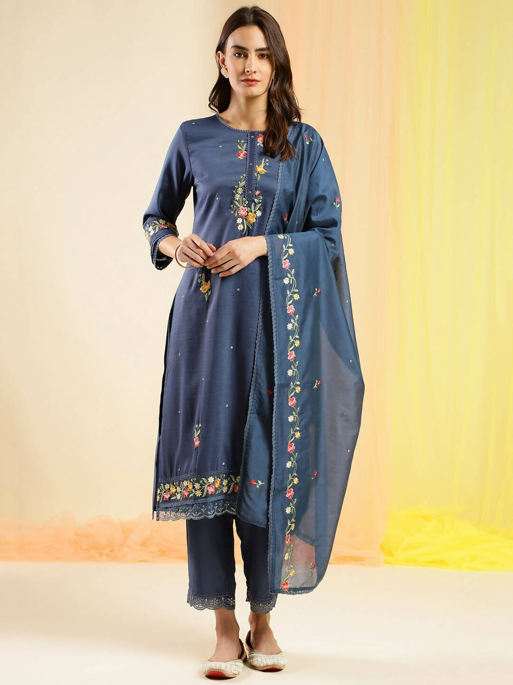 Blue Chinon Embroidered Straight Kurta with Trouser & Dupatta - Salimar