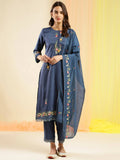 Blue Chinon Embroidered Straight Kurta with Trouser & Dupatta - Salimar